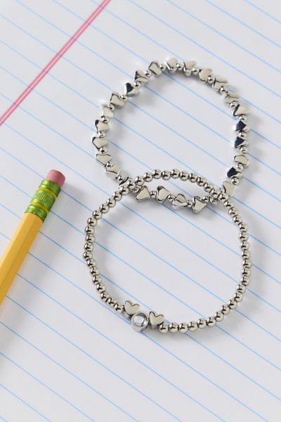 Urban Outfitters Orion Metal Heart Stretch Bracelet Set In Silver, Women's At