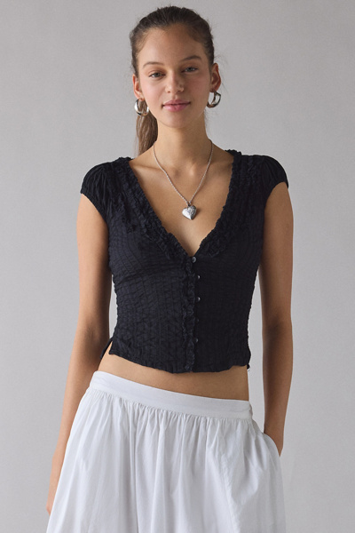 Kimchi Blue Ria Ruffle Cotton Gauze Button-front Blouse In Black, Women's At Urban Outfitters In Black