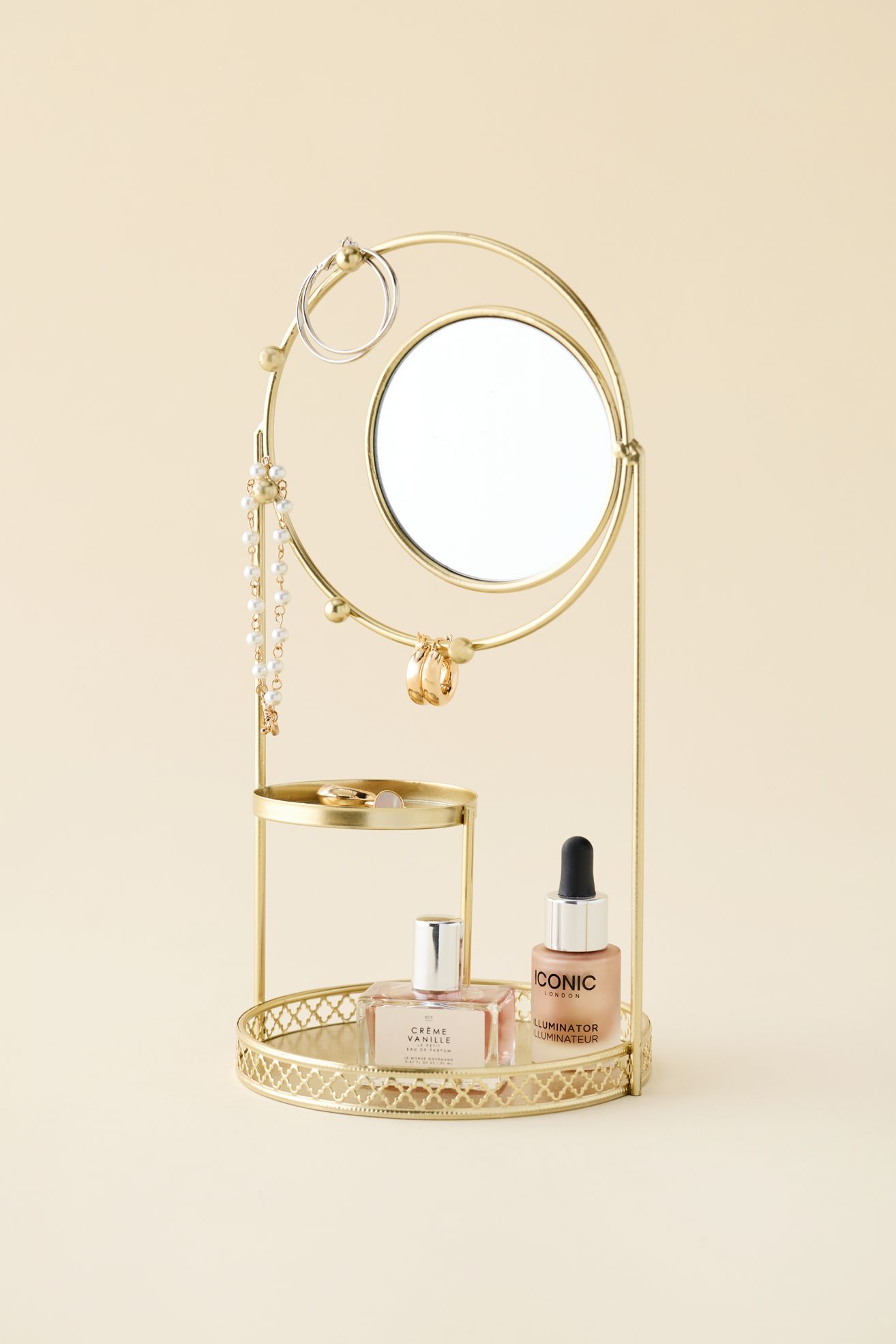 Round Mirror Jewelry Stand - Gold, ONE SIZE