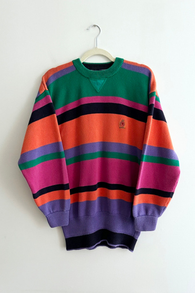 Pull Vintage Femme Taille M - Rayé Coloré Sur Blanc - Manches Longues - Col V - Matière Acrylique - Toutes Saisons Léger