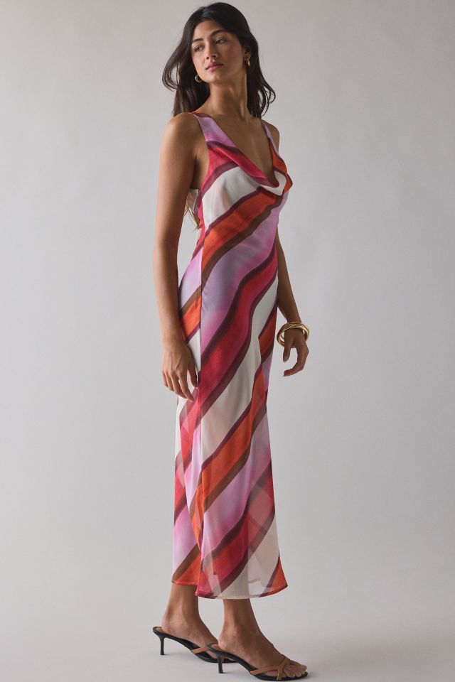 Motel Anira Semi-Sheer Painted Stripe Chiffon Cowl Neck Midi Dress #1