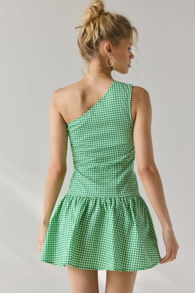 Motel Munasa One-Shoulder Drop Waist Gingham Mini Dress