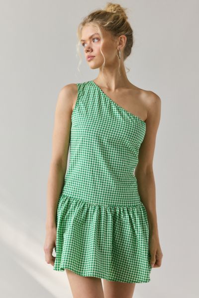 Motel Munasa One-Shoulder Drop Waist Gingham Mini Dress