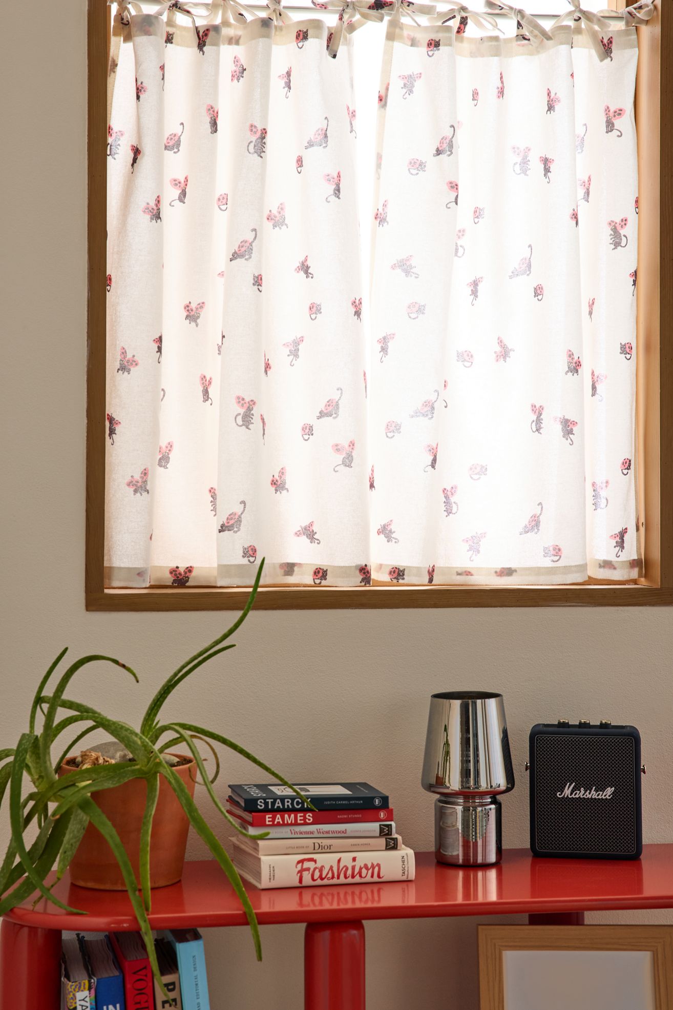 Ladybug Cat Patterned Café Curtain Set - White, Regular, ONE SIZE