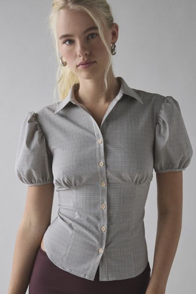 Lioness Mon Cheri Puff Sleeve Slim Button-up Shirt Top In Beige, Women's At Urban Outfitters