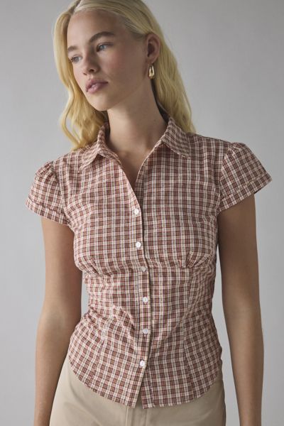 Lioness Mon Cheri Puff Sleeve Slim Button-up Shirt Top In Pink Check, Women's At Urban Outfitters