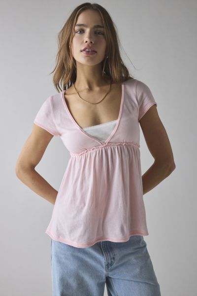 BDG TINA LAYERED V-NECKLINE SHORT SLEEVE BABYDOLL TEE IN ROSE, WOMEN'S AT URBAN OUTFITTERS 