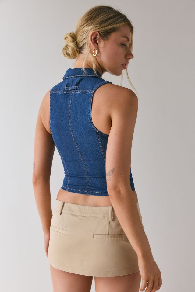 UO Iris Fitted Seamed Zip-Front Denim Vest Top