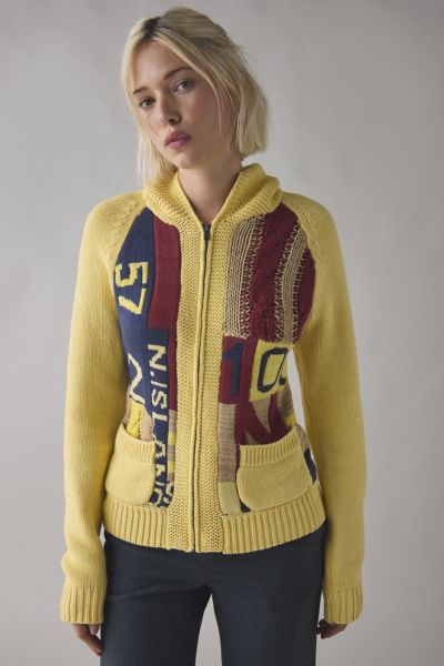 Bdg Scottie Varsity Graphic Knit Zip-up Collared Cardigan In Yellow, Women's At Urban Outfitters In Yellow