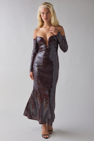 Bardot Emmeline Plunging Off-The-Shoulder Sequin Midi Dress