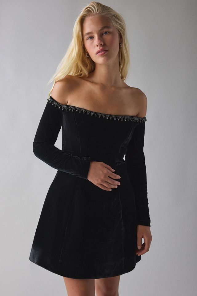 off the shoulder long sleeve mini dress In Grey | EGO US Flouncy bell cuffs add charm to this eye Bardot Hourglass Velvet Off-The-Shoulder Long