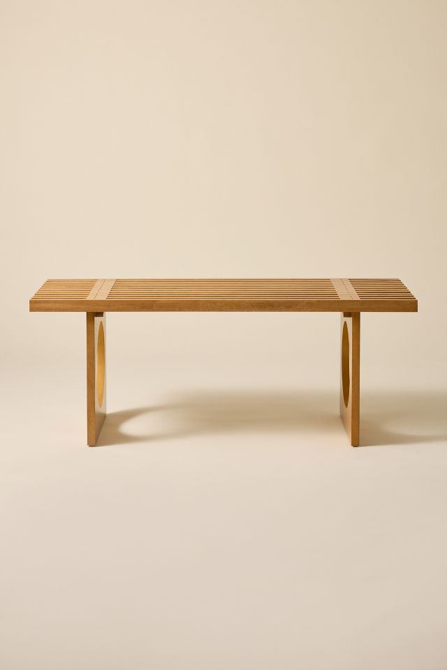 Caspar Slatted Wood Bench with Circular Cutouts