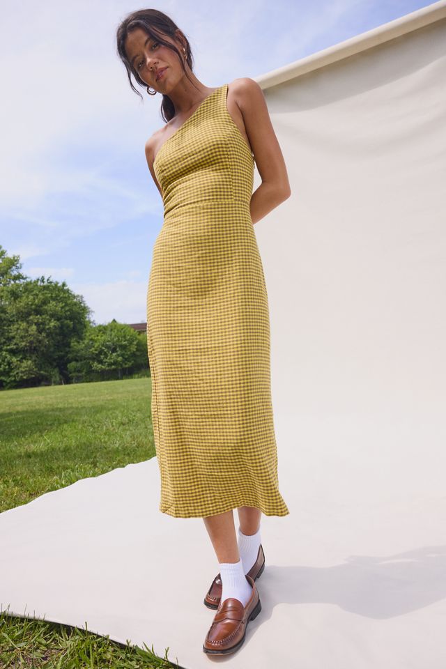 one shoulder linen dress Blue Bicolor Maxi in Poetry Blue-off White length silhouette Green Botanical One-Shoulder Draped Linen