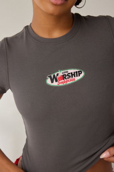 Worship Supplies Glazed And Confused Cherry Graphic Baby Tee In Washed Black, Women's At Urban Outfitters In Gray
