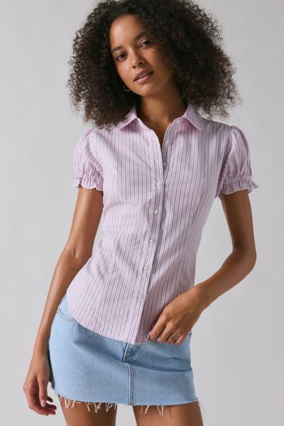 BDG Sweetheart Puff Sleeve Slim Button-Down Shirt