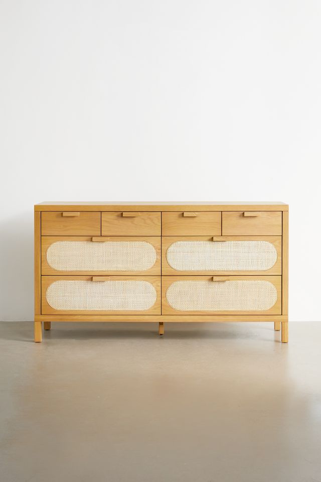 Alder Short Silhouette 8-Drawer Oak and Cane Dresser