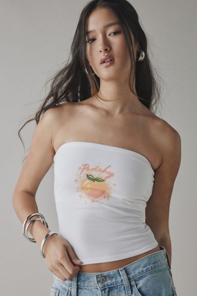 Urban Outfitters Freshly Picked Fruit Graphic Cropped Tube Top In Peachy, Women's At