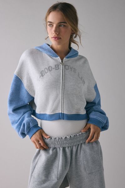 Boys Lie Alex 1-800 Rhinestone Graphic Zip-up Crop Hoodie Sweatshirt In Grey, Women's At Urban Outfitters In Gray