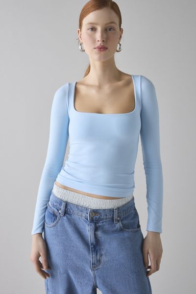 Out From Under Ruby Square Neck Long Sleeve Cropped Tee In Light Blue, Women's At Urban Outfitters