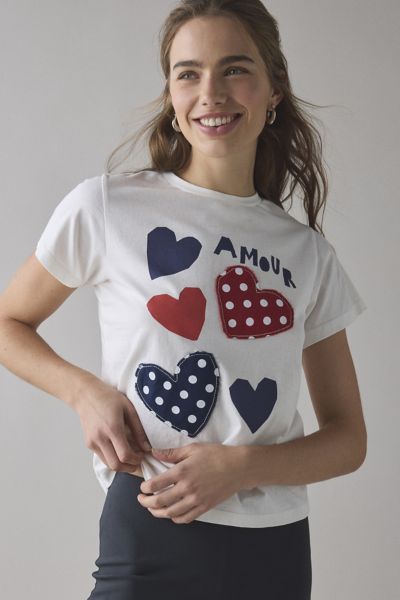 Urban Outfitters Amour Polka Dot Hearts Applique Graphic Slim Tee In White, Women's At  In White