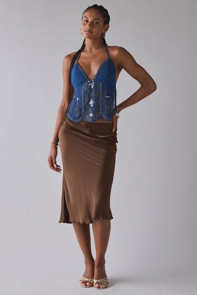 UO Liv Embroidered Beaded Tie-Back Backless Cami
