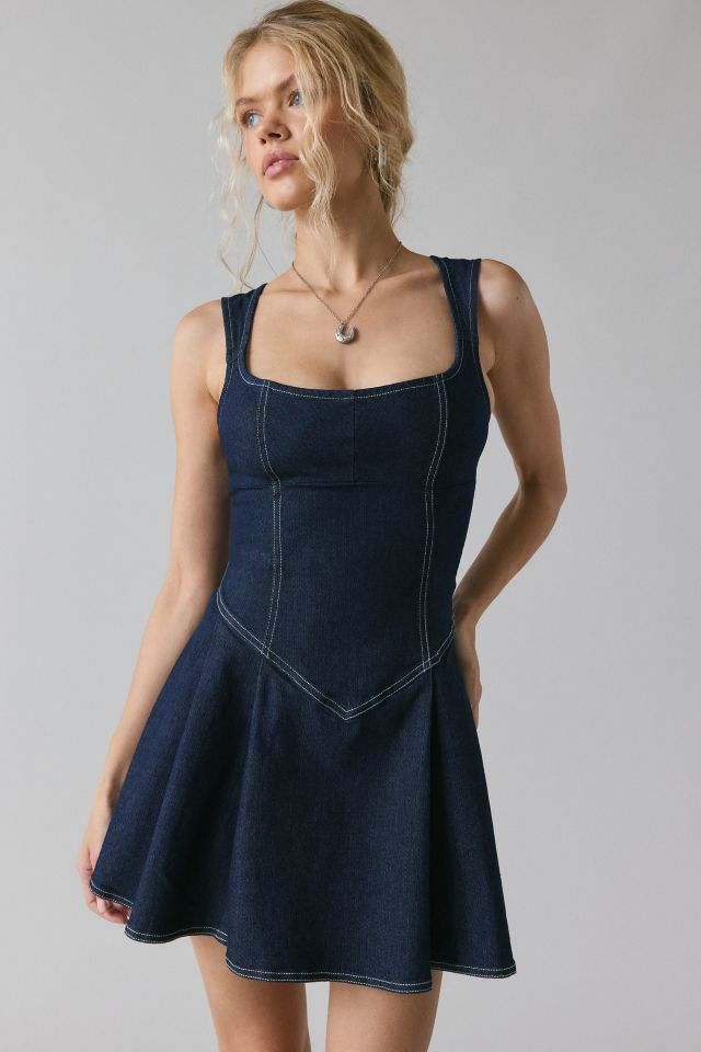 BDG Leah Denim Pleated Open-Back Drop Waist Mini Dress #1