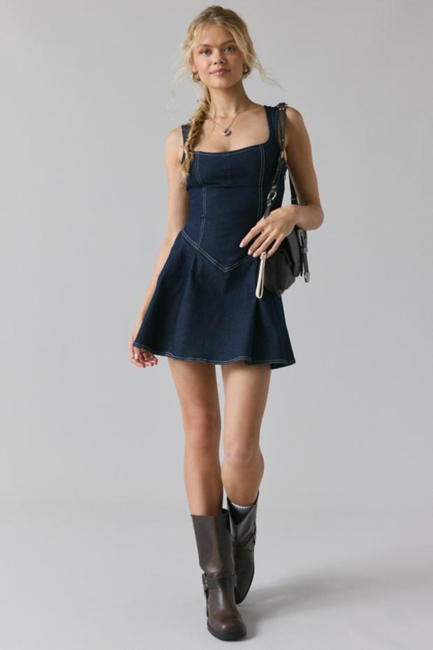 BDG Leah Denim Pleated Open-Back Drop Waist Mini Dress