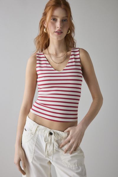 Bdg Too Perfect V-neck Cropped Tank Top In Red Stripe, Women's At Urban Outfitters