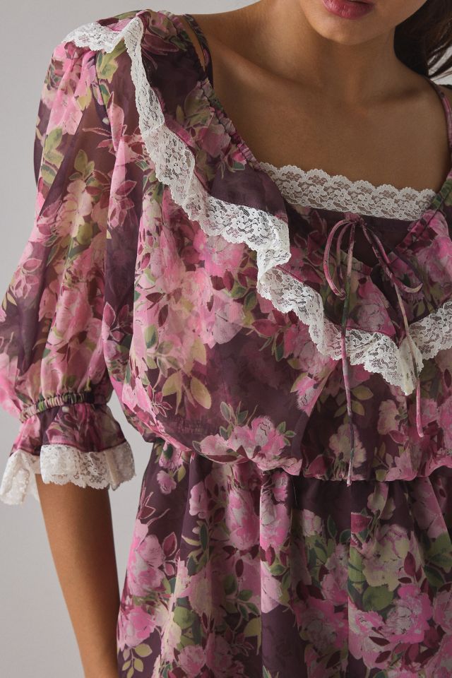 For Love & Lemons Adeline Lace Trim Floral Ruffle Romper #1