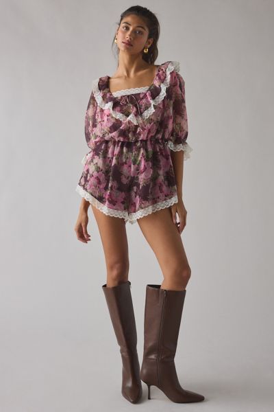 For Love & Lemons Adeline Lace Trim Floral Ruffle Romper