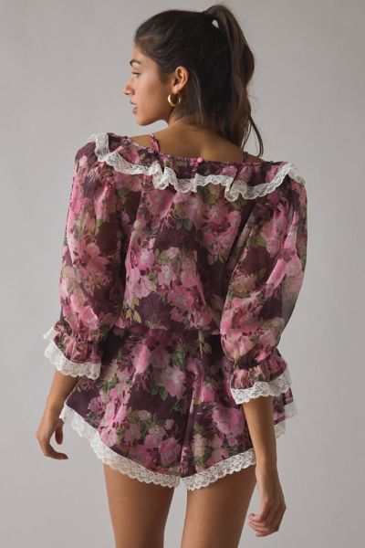 For Love & Lemons Adeline Lace Trim Floral Ruffle Romper