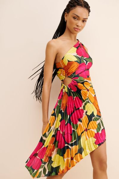 Dress Forum Pleated One Shoulder Floral Mini Dress