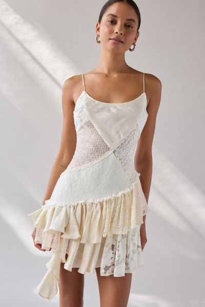 For Love & Lemons Paulina Patchwork Asymmetric Drop Waist Mini Dress