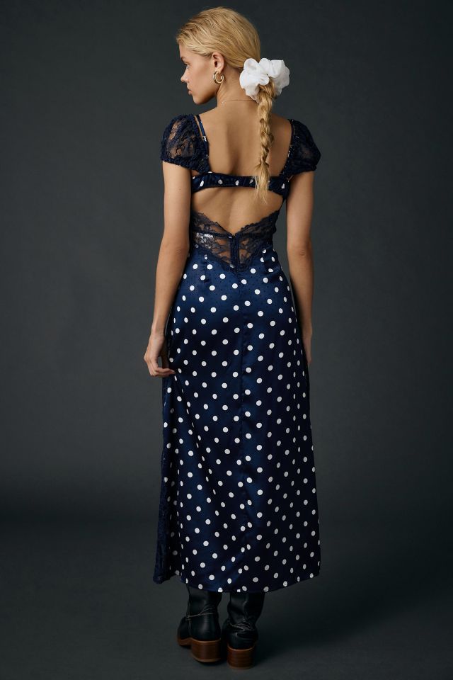 For Love & Lemons Casey Navy Dot Lace Trim Satin Maxi Dress #3