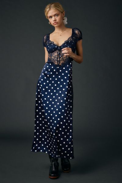 For Love & Lemons Casey Navy Dot Lace Trim Satin Maxi Dress