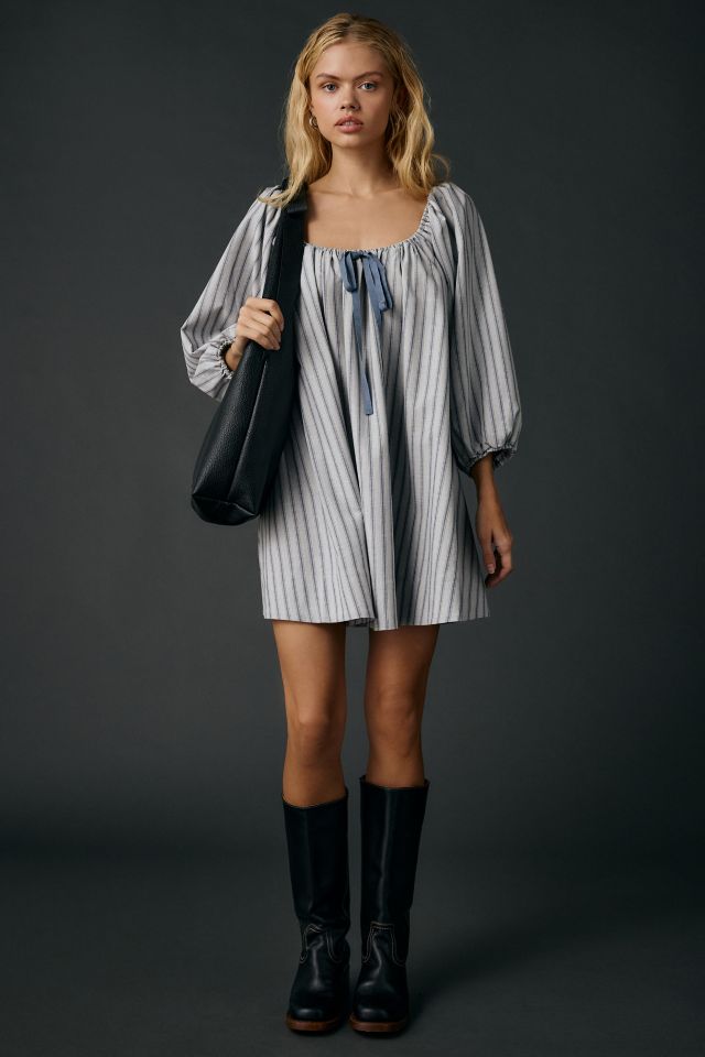 For Love & Lemons Linen Stripe Puff Sleeve Babydoll Mini Dress #1