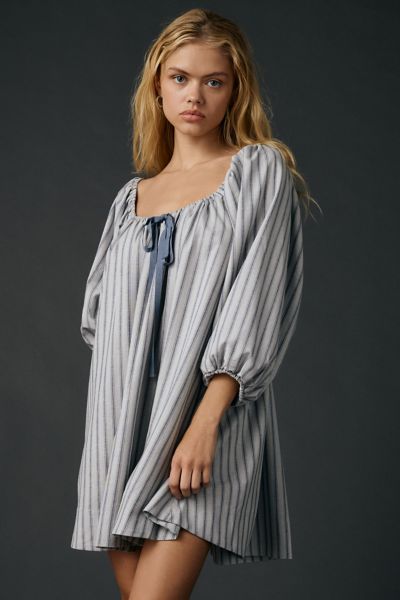 For Love & Lemons Linen Stripe Puff Sleeve Babydoll Mini Dress