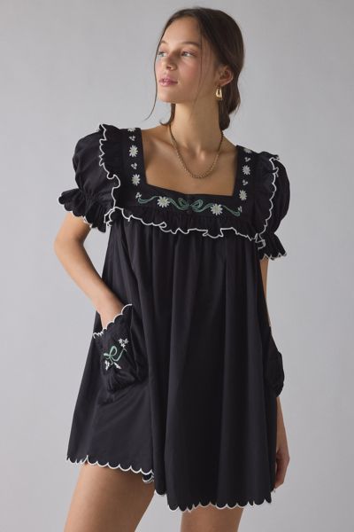 For Love & Lemons Tea Time Floral Embroidered Babydoll Mini Dress