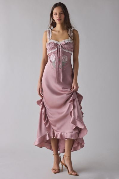 For Love & Lemons Chelsea Lace Trim Satin Maxi Dress