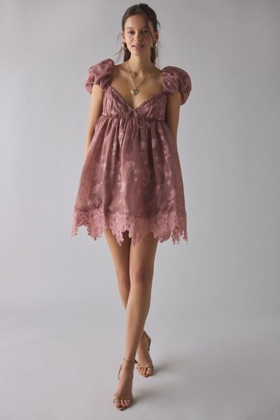 For Love & Lemons Olivia Burnout Satin Floral Chiffon Babydoll Mini Dress