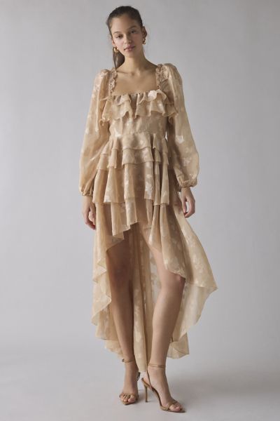 For Love & Lemons Colette Satin Burnout Ruffle High-Low Maxi Dress