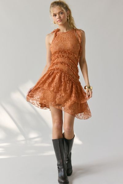 Kimchi Blue Alicia Asymmetric Cascading Ruffle Lace Mini Dress