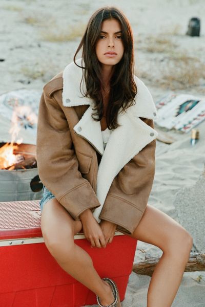 Ugg Finnian Luxefluff Moto Jacket In Chestnut, Women's At Urban Outfitters In Brown