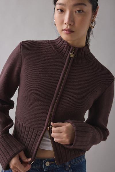 House Of Sunny Rosewood Brown Chunky Rib Peggy Zip-Up Cardigan