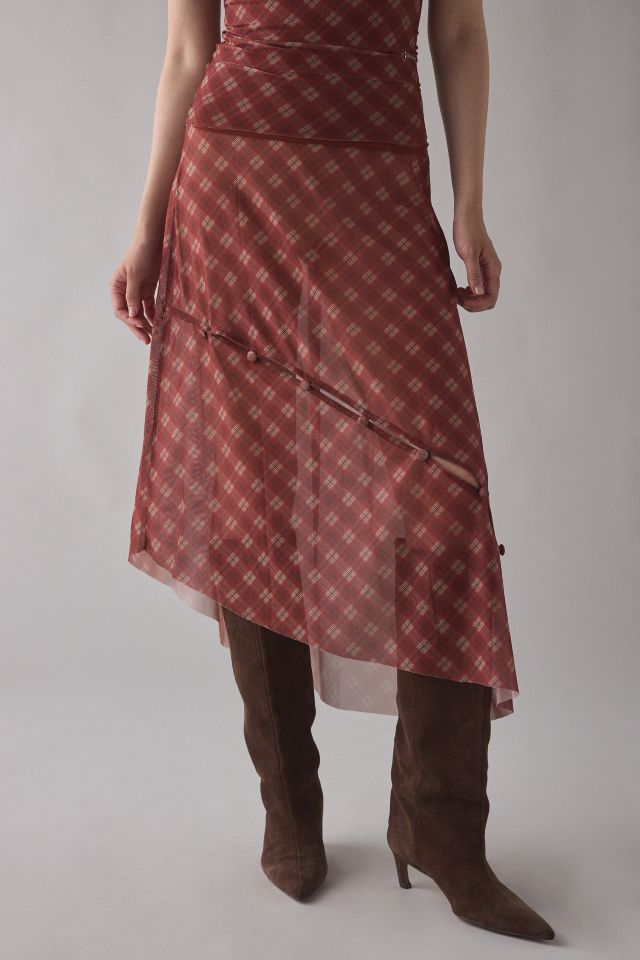 House Of Sunny Retro Check Sheer Mesh Asymmetric Midi Skirt #1
