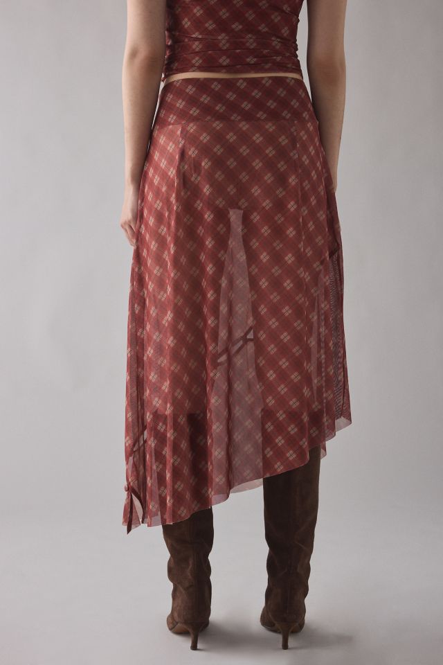 House Of Sunny Retro Check Sheer Mesh Asymmetric Midi Skirt #2