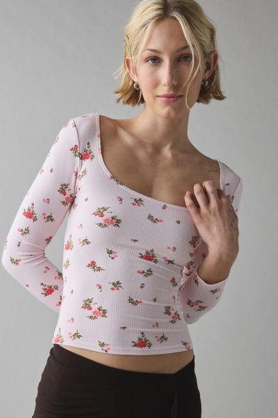 Bdg Andie 3/4 Sleeve Square Neck Cropped Tee Top In Rose, Women's At Urban Outfitters In Pink