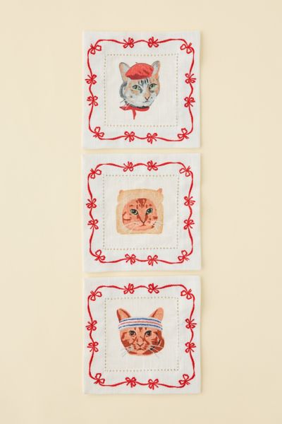 Purr Embroidered Cat Fabric Coaster Set