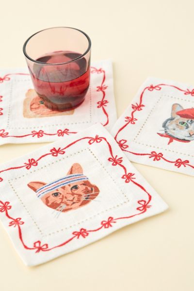 Purr Embroidered Cat Fabric Coaster Set