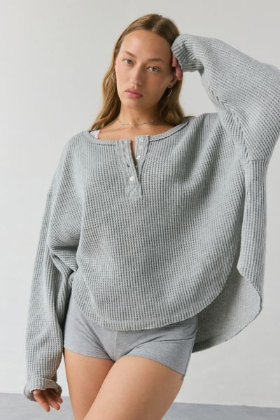 Out From Under Living The Dream Waffle Knit Long Sleeve Henley Tee In Grey, Women's At Urban Outfitters In Gray